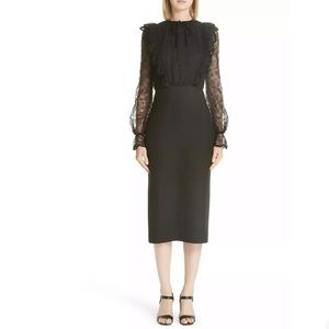 VALENTINO Black Lace Velvet Bow Ruffle Midi Dress